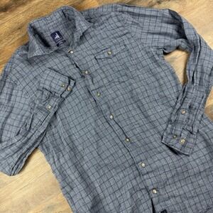 Johnny-0 Shirt Men's Medium 100% Linen Plaid‎ Blue Button Down Long Sleeve
